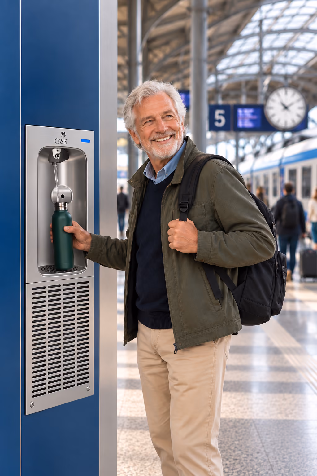 Smiling older man with gray hair and a beard filling a green water bottle at an Oasis water refill station in a busy train station with a train, digital display, and large clock in the background.